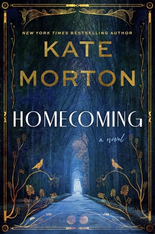 book cover for Homecoming by Kate Morton. Dark blues with a door open to a light at the end of a hallway