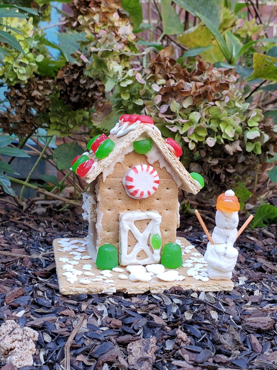 graham cracker gingerbread house with a marshmallow snowman
