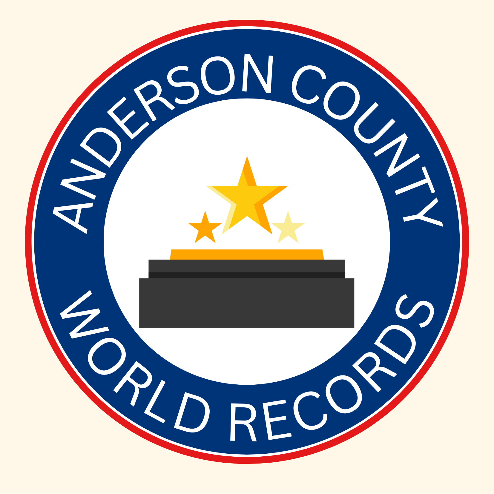 Red white and blue stacked circles with star trophy in middle and Anderson County World Records around it