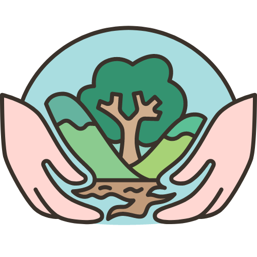 Clip art showing hands holding a tree mountain and stream used to represent conservation.