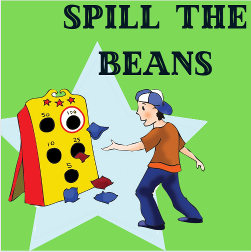 Green background with star image and boy playing corn hole with Spill the Beans in text on top
