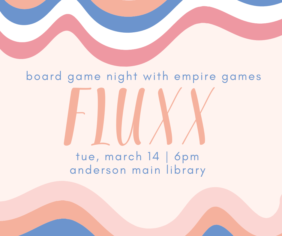 board game night image with wavy lines and the game title 'fluxx'