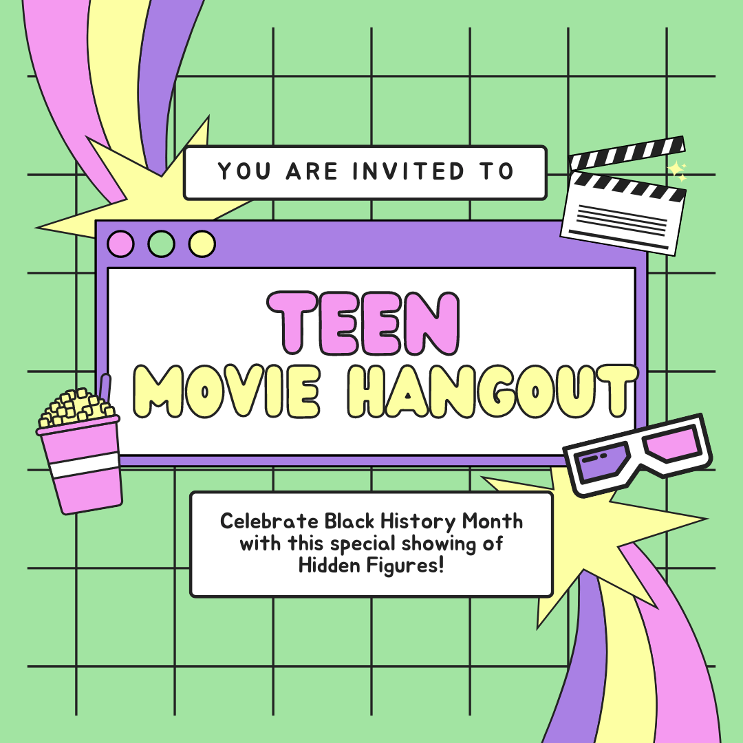 green background with 90s themed graphics, says 'teen movie hangout'
