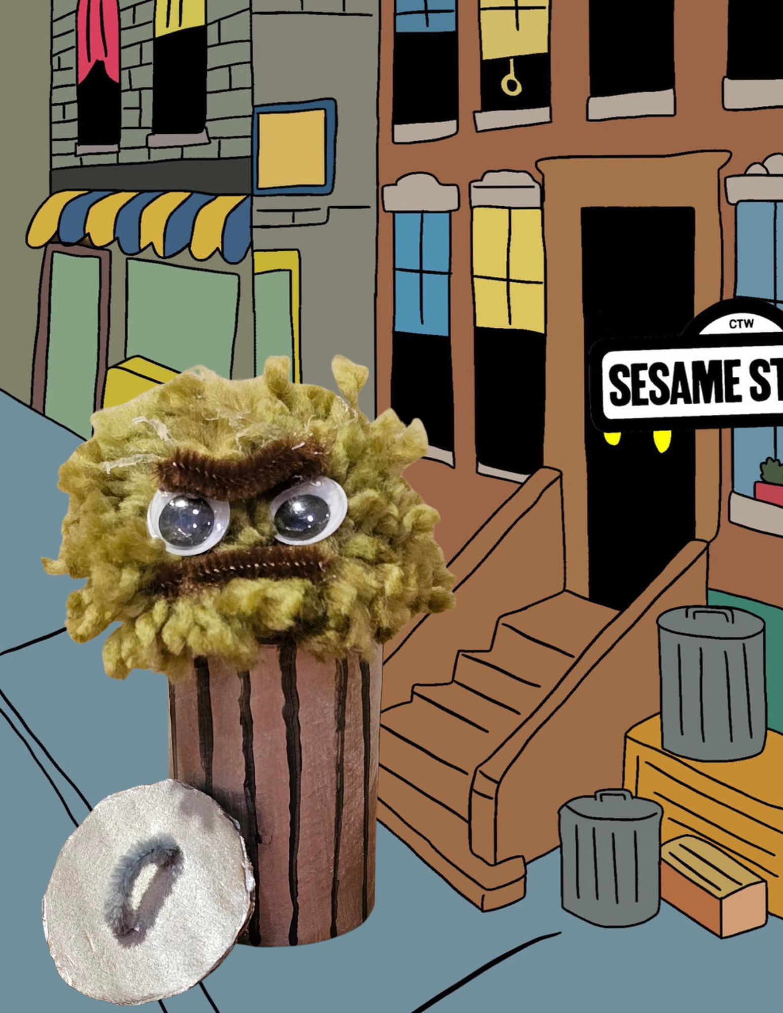 yarn Grouch in trash can with cartoon background