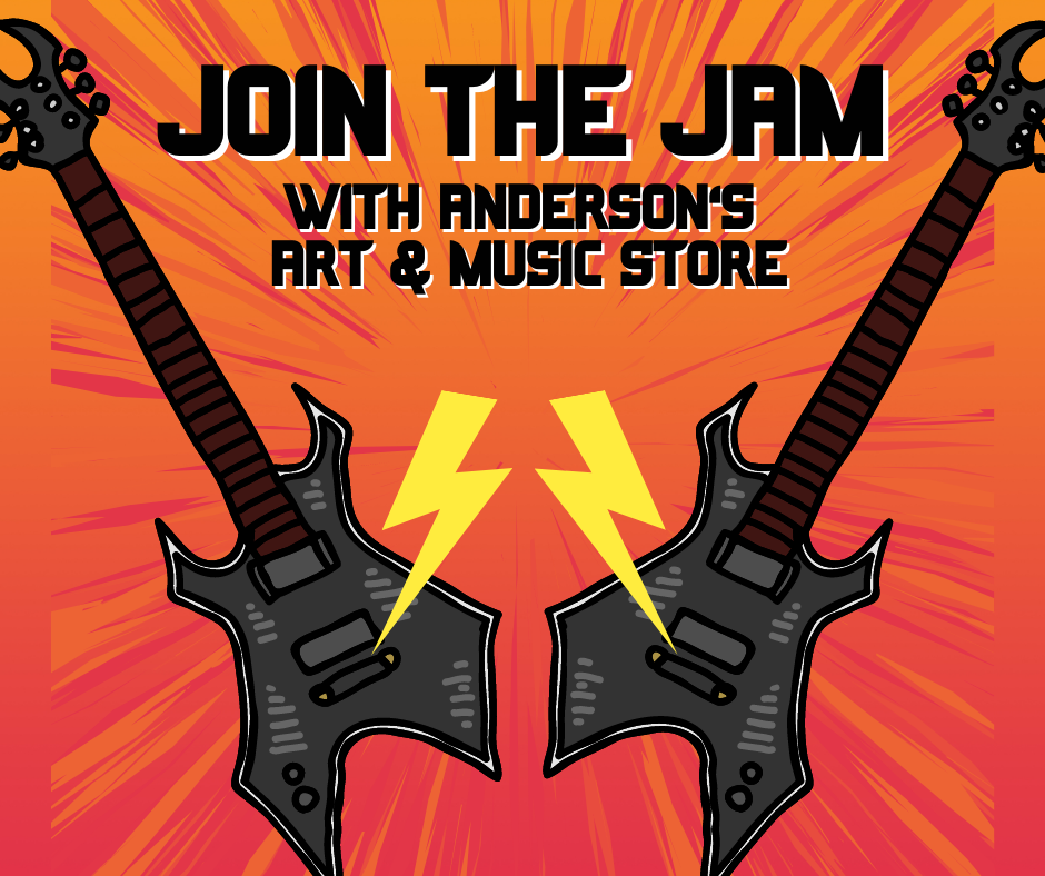 two electric guitars with lightning bolts over them, text says 'join the jam with anderson art and music store'