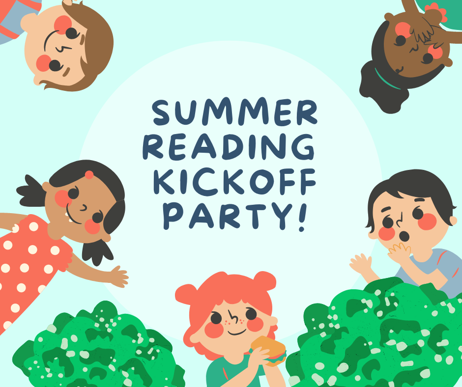 kids being friends with the text 'summer reading kickoff party'