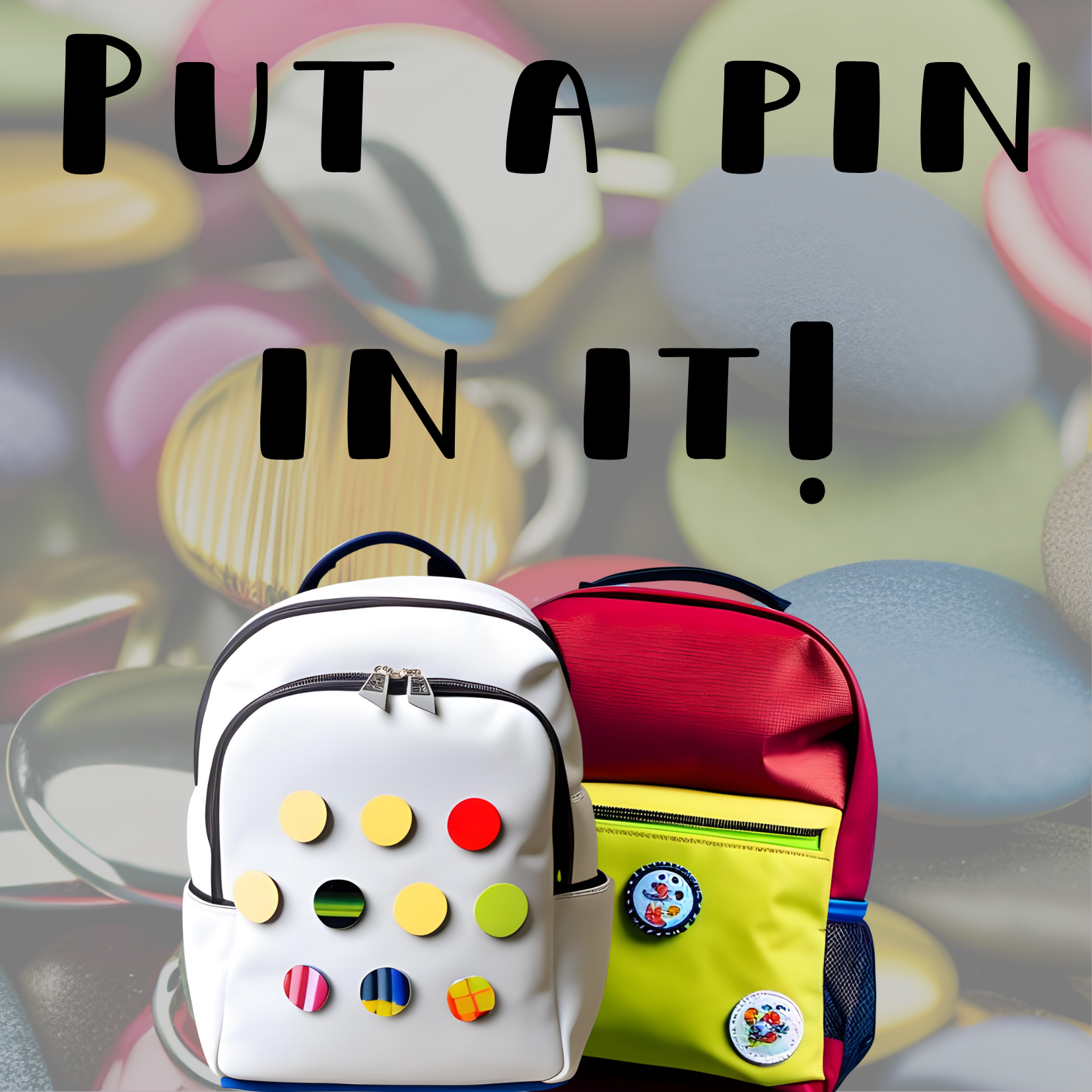 Faded background with mixed pins; in black, PUT A PIN IN IT!; white bookbag and red/yellow bookbag with random pins on them