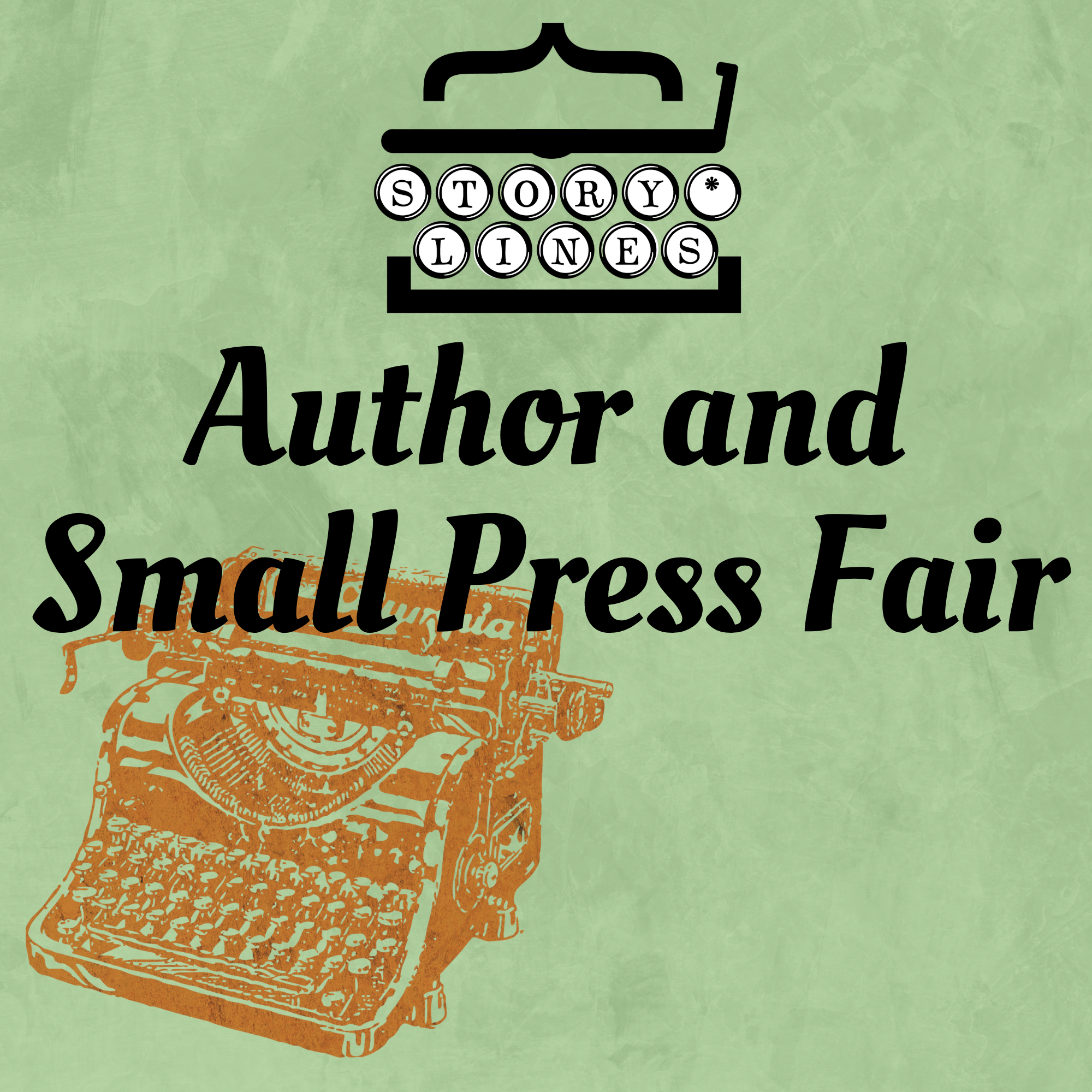 Green background with orange typewriter image in foreground with black text Author and Small Press Fair