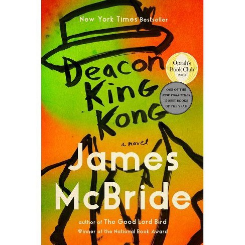 cover of Deacon King Kong by James McBride featuring bright colors and a black silhouette of a guy in a hat