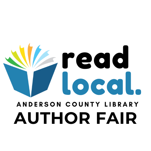 Blue book with multicolor pages to the left of text reading readlocal. Above text of Anderson County Library Author Fair