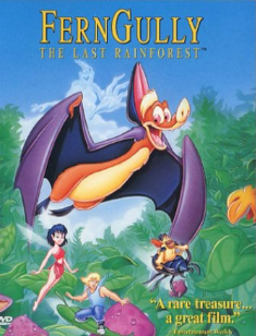 Image of a large bat and two fairies with a shrunken human; text reads "Ferngully" 