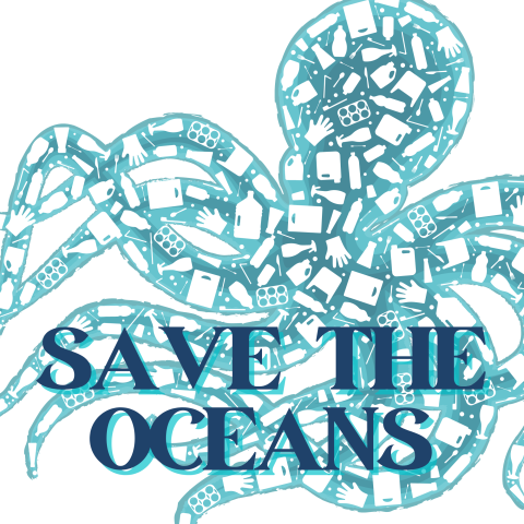 save the oceans text with an octopus