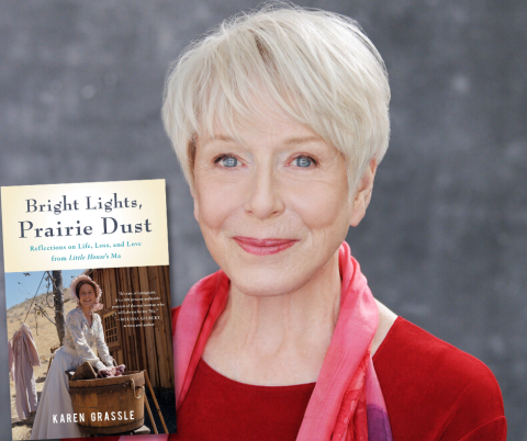 Karen Grassle portrait with book cover for Bright Lights, Prairie Dust to the left