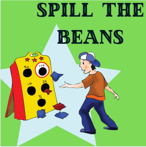 Green background with star image and boy playing corn hole with Spill the Beans in text on top