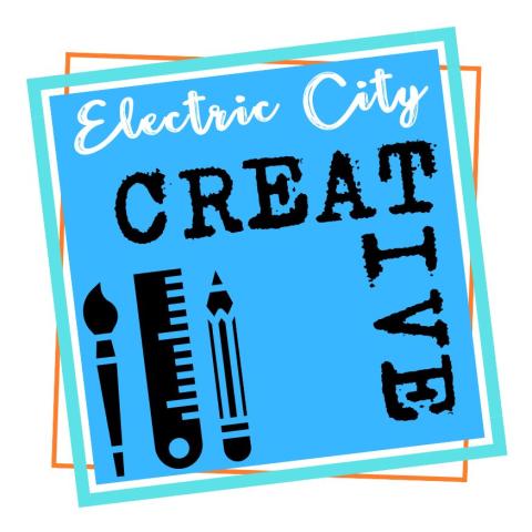 Electric City Creative logo with blue and black paint brush, ruler, and pencil