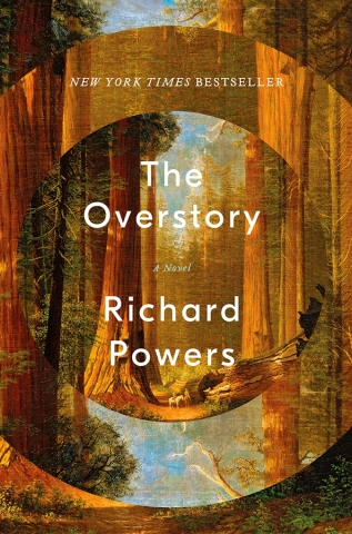 picture of woods with the title The Overstory by Richard Powers in white letters