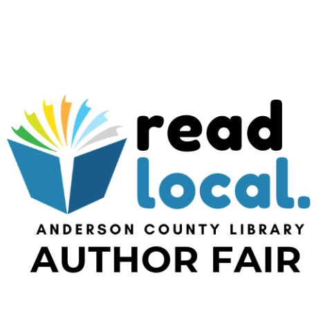 Blue book with multicolor pages to the left of text reading readlocal. Above text of Anderson County Library Author Fair
