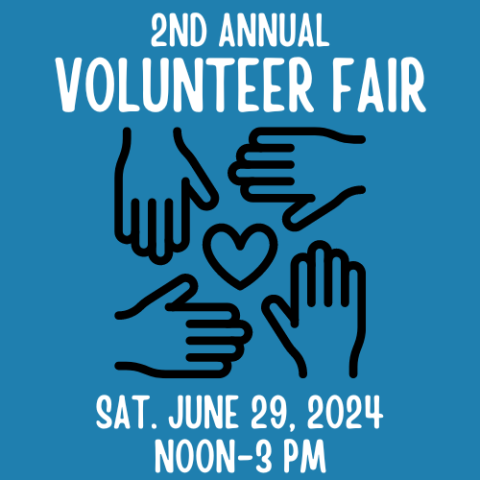 2nd Annual Volunteer Fair in text with center image of hands surrounding a heart.