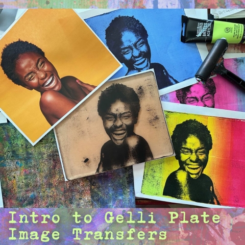 picture of smiling Black woman shown in different stages of image transfer from the original photo to different colored gelli prints