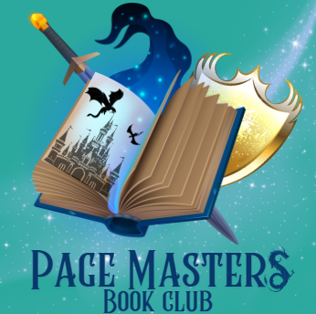 Light green background with an open book showing a castle, dragons, and magic coming out of it. A sword and a shield are behind the book. Text reads "Page Masters Book Club"