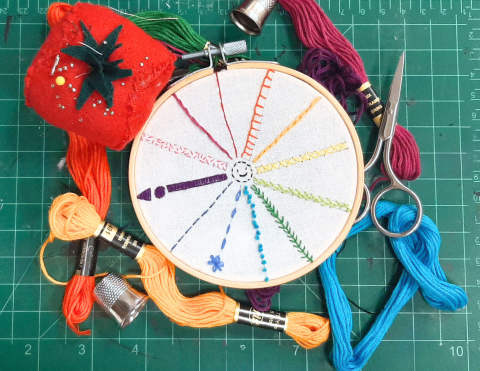 A rainbow embroidery sample featuring the back stitch, blanket stitch, chain stitch, cross stitch, feather stitch, fly stitch, french knot, lazy daisy stitch, straight stitch, satin stitch, seed stitch, and stem stitch 